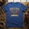 Blue t-shirt featuring a vintage-style crab graphic with text "How's Your Mom 'N Em? Est. N'awlins" for Louisiana pride