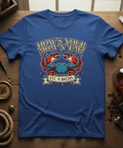 Blue t-shirt featuring a vintage-style crab graphic with text "How's Your Mom 'N Em? Est. N'awlins" for Louisiana pride