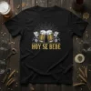 Black t-shirt with "Hoy Se Bebe" text and two clinking beer mugs graphic, Spanish drinking phrase design
