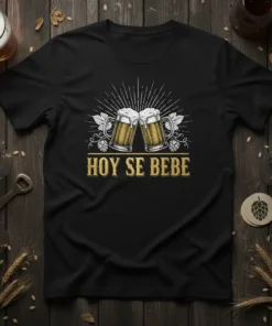 Black t-shirt with "Hoy Se Bebe" text and two clinking beer mugs graphic, Spanish drinking phrase design