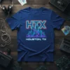 HTX Houston TX Skyline Neon T-Shirt design featuring a vibrant cityscape and the text "HTX Houston, TX" in neon lettering