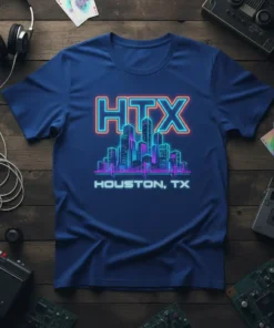 HTX Houston TX Skyline Neon T-Shirt design featuring a vibrant cityscape and the text "HTX Houston, TX" in neon lettering
