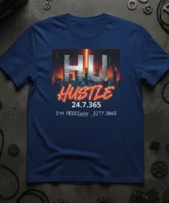 HU HUSTLE 24.7.365 text with city skyline graphic on a navy t-shirt