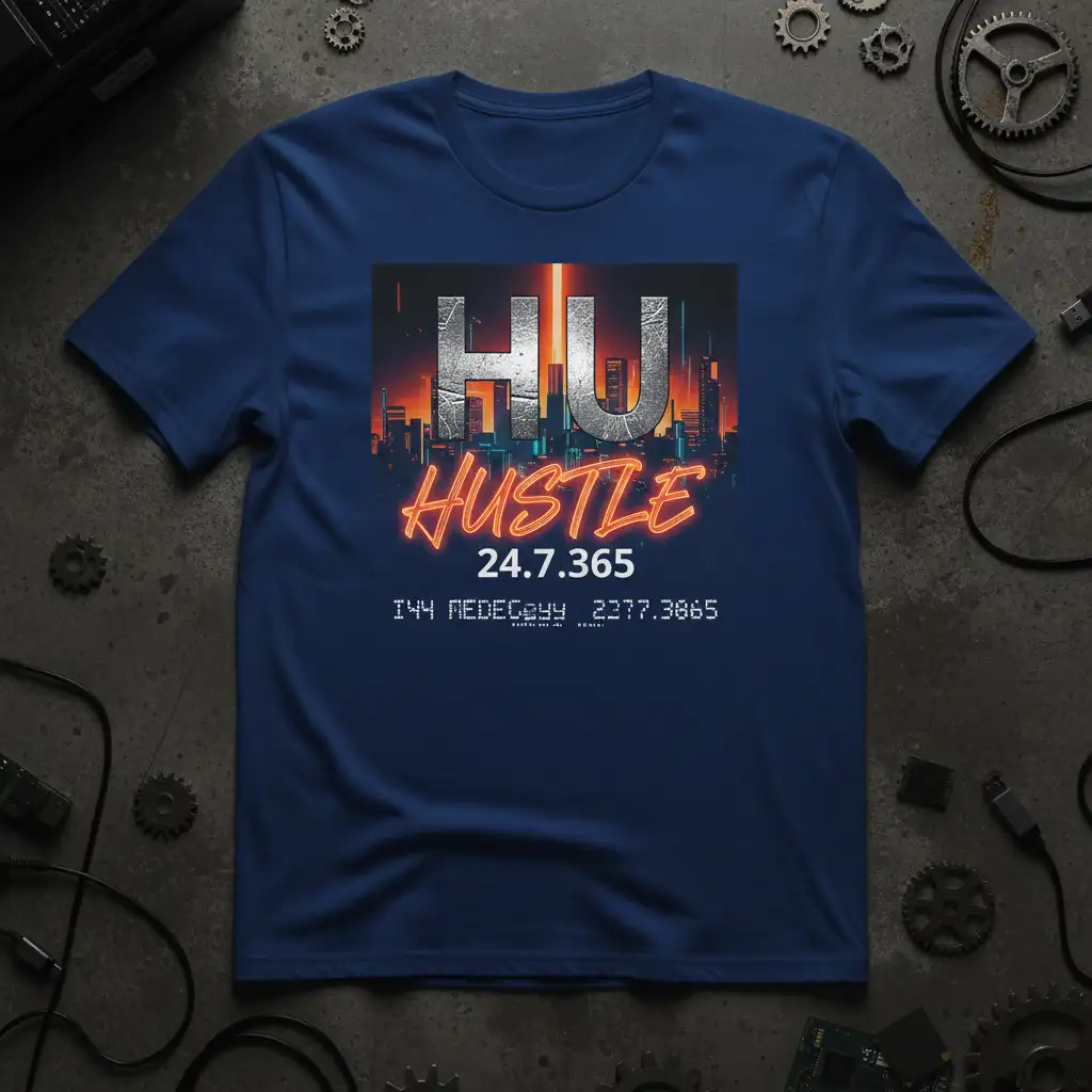 HU HUSTLE 24.7.365 text with neon glow over a detailed city skyline graphic on a blue tee