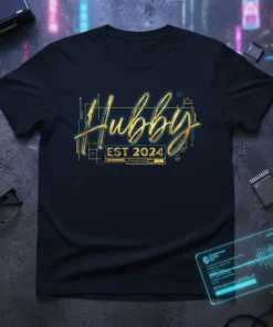 Hubby EST 2024 text design on a navy t-shirt with gold and blue accents, representing a newly married husband