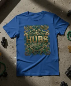 HUBS t-shirt with intricate Aztec-inspired tribal design in gold and green
