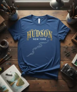 Hudson New York t-shirt with a decorative gold font and a white river graphic