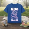 Blue t-shirt with "HUG DEALER" text and a sitting panda graphic in pink sketch style
