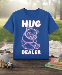 Blue t-shirt with "HUG DEALER" text and a sitting panda graphic in pink sketch style