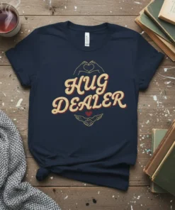 Hug Dealer text design with heart hands and wings graphic on a navy t-shirt