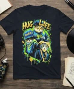 Hug Life T-Shirt featuring three cats dressed in hip hop attire with gold chains and baseball caps