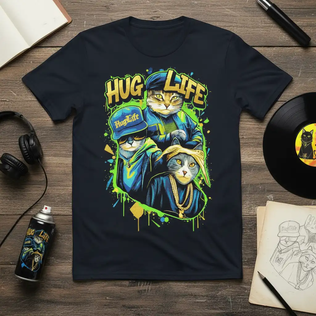 Hug Life graphic tee showcasing three anthropomorphic cats in urban hip hop fashion with bold lettering