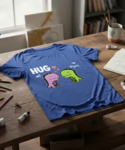 HUG me! I'M TRYING... funny dinosaur couple t-shirt design with pink and green dinosaurs and hearts