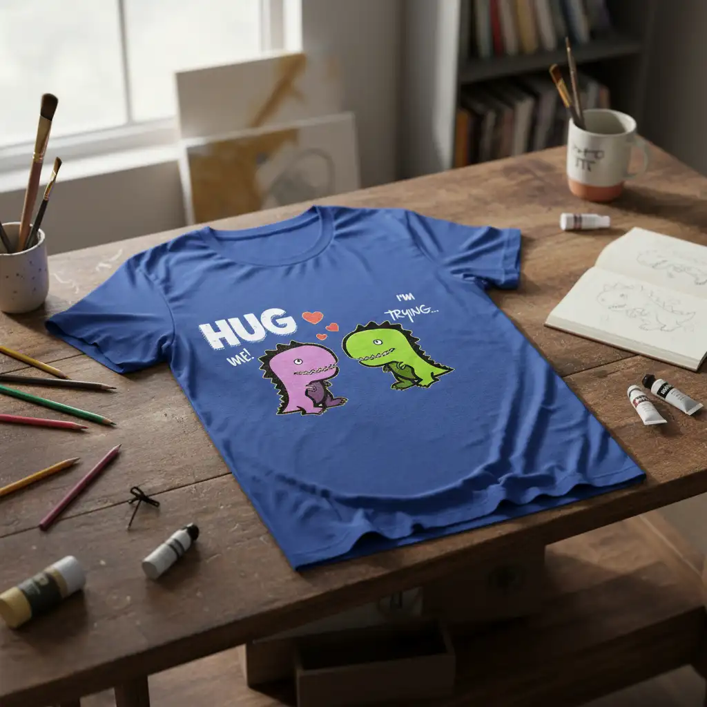 HUG me! I'M TRYING... humorous dinosaur couple design with cute pink and green dinosaurs asking for a hug