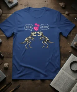 Dinosaur skeleton T-Rex couple with "Hug Me" and "I'm Trying" speech bubbles and pink hearts, Hug Me I'm Trying Dinosaur