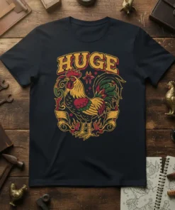 HUGE rooster vintage graphic t-shirt with red, yellow, and green colors on a dark navy tee
