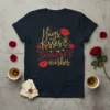 Hugs, Kisses & Valentine's Wishes text with red lips and hearts on a navy t-shirt