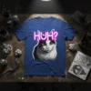 Black and white cat with yellow eyes looking confused, with "HUH?" in neon pink text above it on a blue