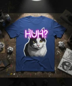 Black and white cat with yellow eyes looking confused, with "HUH?" in neon pink text above it on a blue