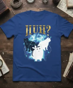 Gold text "HUH?" above three cartoon cats with lightning effects on a blue t-shirt