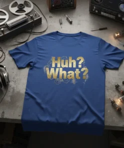 Blue t-shirt with gold glitter "Huh? What?" text and gear graphics, suitable for confused or sarcastic individuals