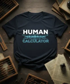 Human Calculator T-Shirt with bold white text and glowing blue circuit board graphic, perfect for math lovers and tech enthusiasts