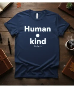 Navy blue t-shirt with white text "Human Kind Be Both" printed in a clean, modern font
