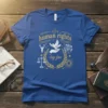 Blue t-shirt with gold and white "Human Rights Big Fan" text and graphics including a dove, scales of justice, and
