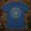 Wolf head graphic with text "Human By Chance Alpha By Choice" in a circular emblem, blue t-shirt