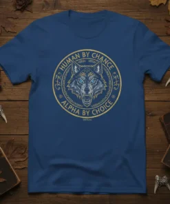 Wolf head graphic with text "Human By Chance Alpha By Choice" in a circular emblem, blue t-shirt