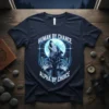 Human By Chance Alpha By Choice t-shirt design featuring three howling wolves under a full moon, with white text