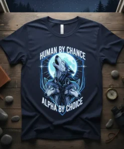 Human By Chance Alpha By Choice t-shirt design featuring three howling wolves under a full moon, with white text