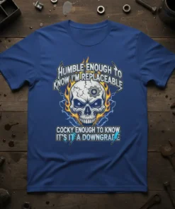 T-shirt design with skull, flames, and gears saying "Humble Enough To Know I'm Replaceable Cocky Enough To Know It's A