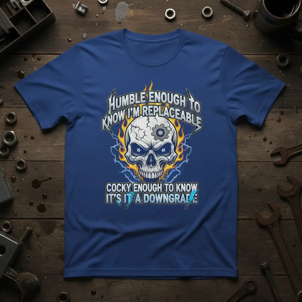 Humble Enough To Know I'm Replaceable Cocky Enough To Know It's A Downgrade skull mechanic quote t-shirt design