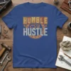 Humble Hustle quote t-shirt design with vintage gears and distressed typography in orange and grey
