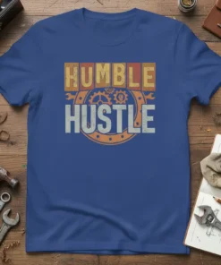 Humble Hustle quote t-shirt design with vintage gears and distressed typography in orange and grey