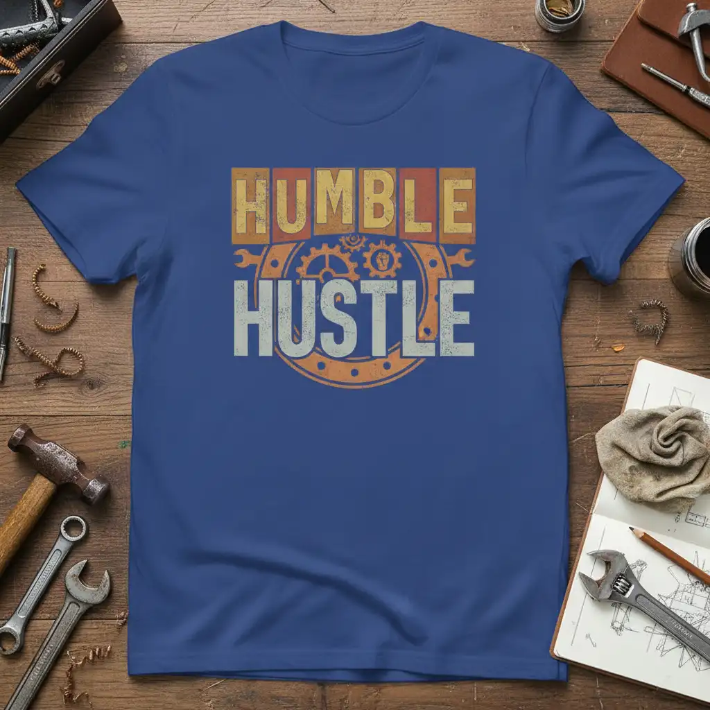Humble Hustle vintage quote design with gears and distressed typography on a blue t-shirt