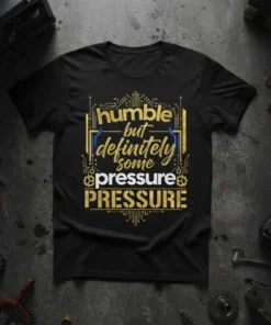 Black t-shirt with gold and blue text reading "humble but definitely some pressure PRESSURE" in a tech-inspired design