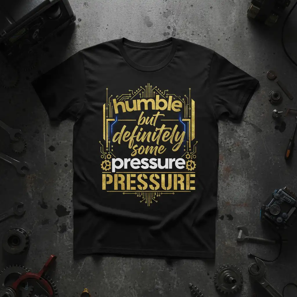 Humble but definitely some pressure PRESSURE quote on a black t-shirt with gold tech circuit design