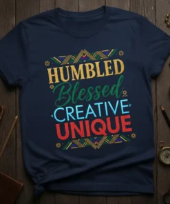 HUMBLED Blessed CREATIVE UNIQUE text design in gold, green, blue, and red on a navy t-shirt