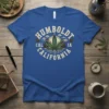 Humboldt California graphic t-shirt featuring a large green cannabis leaf, pine trees, and mountains