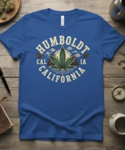 Humboldt California graphic t-shirt featuring a large green cannabis leaf, pine trees, and mountains