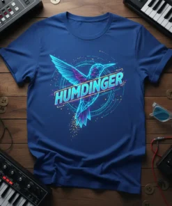 Humdinger T-Shirt with a neon geometric hummingbird and retro synthwave design