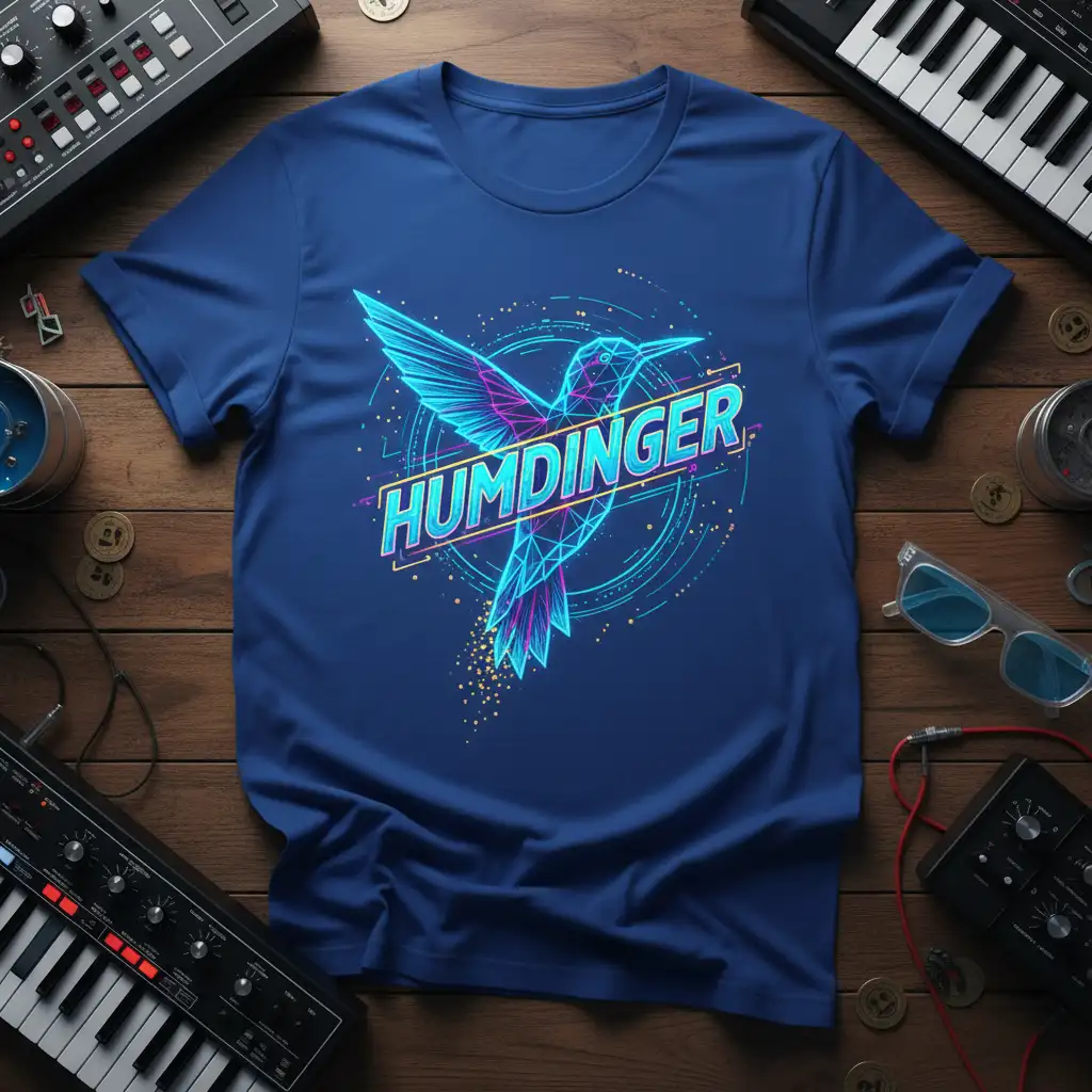 Humdinger neon geometric hummingbird design on a retro synthwave electronic music t-shirt