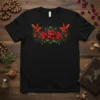 Hummingbird Rose Design T-Shirt featuring two orange hummingbirds and three red roses with green leaves and hearts