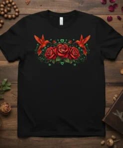 Hummingbird Rose Design T-Shirt featuring two orange hummingbirds and three red roses with green leaves and hearts