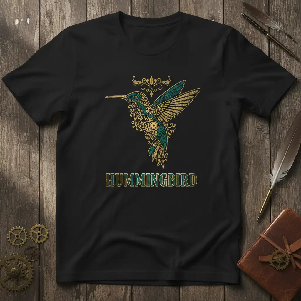Hummingbird Steampunk Design unique artwork printed on durable material creating a standout t-shirt
