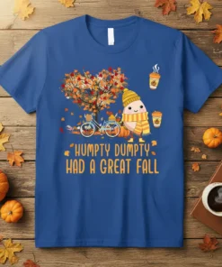 Humpty Dumpty Had A Great Fall t-shirt with cute egg character, bicycle, autumn tree, and pumpkins