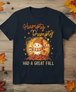 Humpty Dumpty Had A Great Fall text with a cute, scarf-wearing egg character holding coffee, sitting on bricks, surrounded by