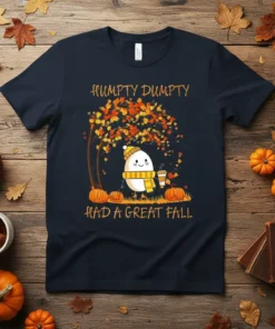 Humpty Dumpty Had A Great Fall t-shirt design with a cute egg character under an autumn tree